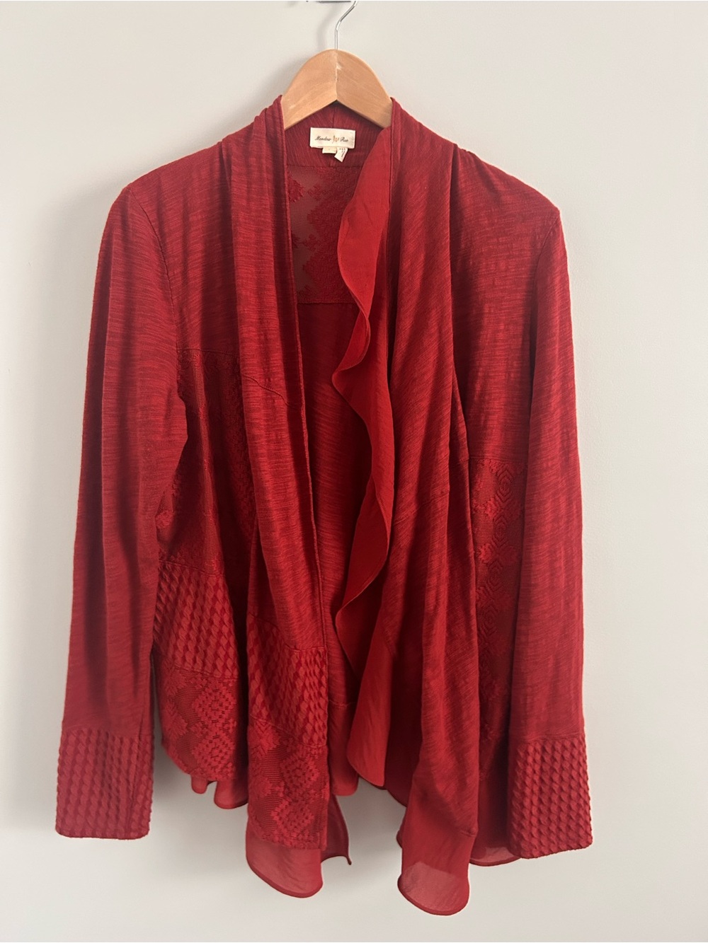 Meadow Rue Anthropologie Red Boho Open Front Cardigan, Size Large